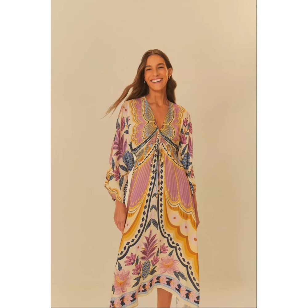 Farm Rio Butterfly Floral Print Kimono Sleeve Dress Bohemian Style